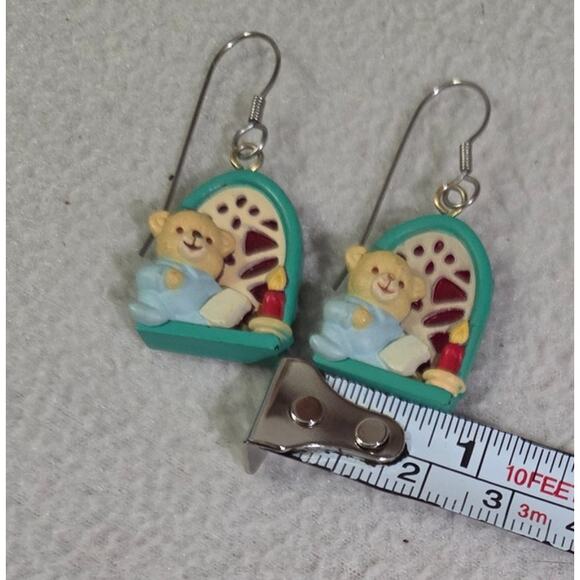 Vtg Figural 3D Teddy Bear Earrings Hook Wire Stain Glass Candle Pajama - Picture 7 of 7